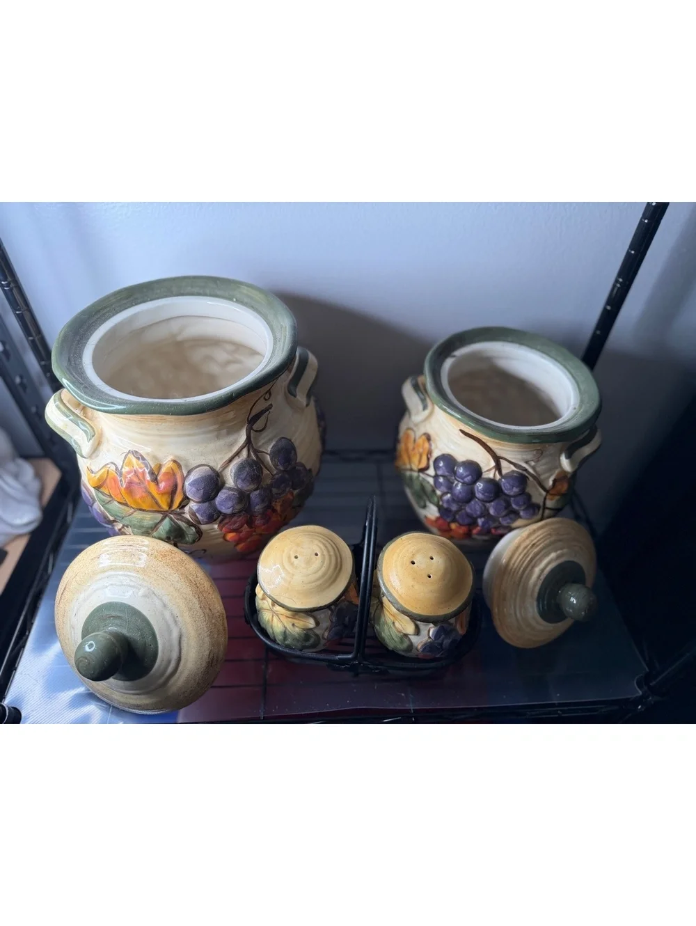 Vintage Ceramic Grape-Themed Kitchen Canister and Salt & Pepper Shaker Set